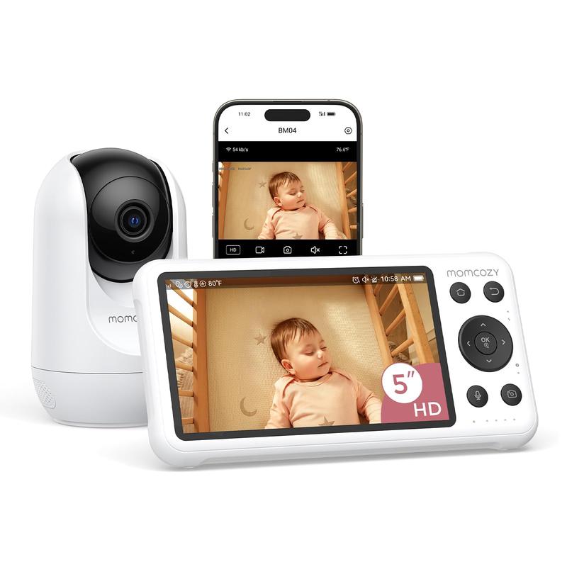1080P Babyphone vidéo Wi Fi Momcozy BM04 avec application caméra, écran 5 pouces, caméra et audio, zoom 4x, détection de mouvements et de pleurs, clôture sécurisée, vision nocturne claire, conversation bidirectionnelle, enregistrement photo et vidéo