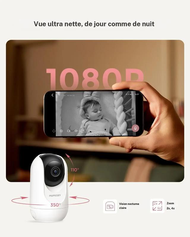 1080P Babyphone vidéo Wi Fi Momcozy BM04 avec application caméra, écran 5 pouces, caméra et audio, zoom 4x, détection de mouvements et de pleurs, clôture sécurisée, vision nocturne claire, conversation bidirectionnelle, enregistrement photo et vidéo — vignette 6