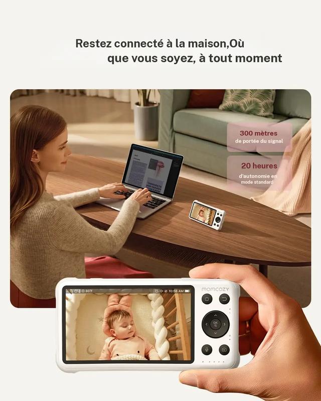 1080P Babyphone vidéo Wi Fi Momcozy BM04 avec application caméra, écran 5 pouces, caméra et audio, zoom 4x, détection de mouvements et de pleurs, clôture sécurisée, vision nocturne claire, conversation bidirectionnelle, enregistrement photo et vidéo — vignette 8