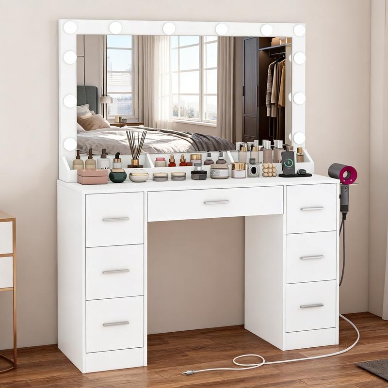 【2 colis expédiés】SomoHome Coiffeuse de maquillage moderne avec miroir, 12 lumières LED réglables, coiffeuse avec prises électriques, 7 tiroirs et 3 plateaux de maquillage, blanche — vignette 2