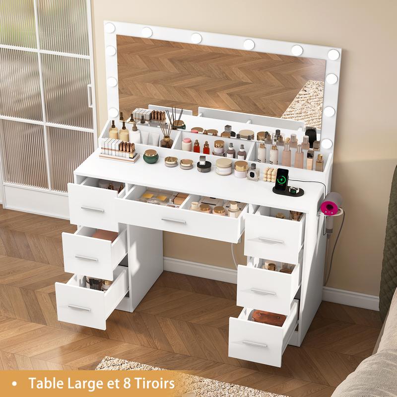 【2 colis expédiés】SomoHome Coiffeuse de maquillage moderne avec miroir, 12 lumières LED réglables, coiffeuse avec prises électriques, 7 tiroirs et 3 plateaux de maquillage, blanche — vignette 3