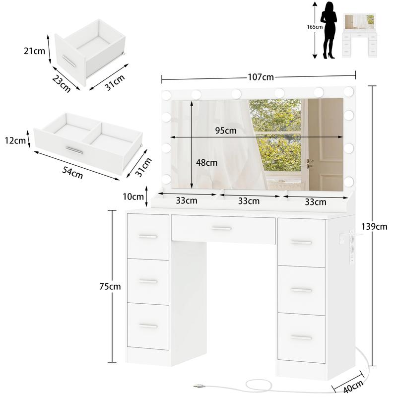 【2 colis expédiés】SomoHome Coiffeuse de maquillage moderne avec miroir, 12 lumières LED réglables, coiffeuse avec prises électriques, 7 tiroirs et 3 plateaux de maquillage, blanche — vignette 4