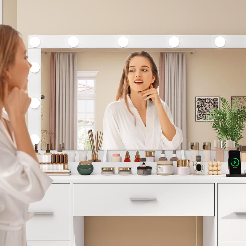 【2 colis expédiés】SomoHome Coiffeuse de maquillage moderne avec miroir, 12 lumières LED réglables, coiffeuse avec prises électriques, 7 tiroirs et 3 plateaux de maquillage, blanche — vignette 7