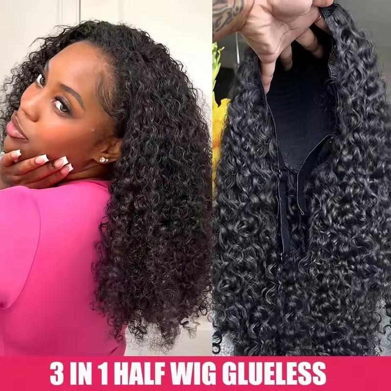 200 Density 3 In 1 Half Wigs Human Hair Curly Glueless Wig Natural Curly Adjustable Half Wig For Women