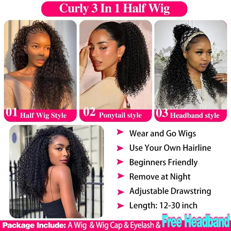 200 Density 3 In 1 Half Wigs Human Hair Curly Glueless Wig Natural Curly Adjustable Half Wig For Women — vignette 5