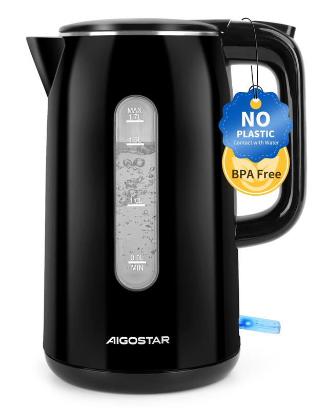 Aigostar Bouilloire Electrique Inox, Fenêtre de Niveau d'Eau, Noire | 1,7L, 2200W, Conception à Double Isolation, Sans BPA, Ébullition Rapide Bouilloire électrique, Pas de Plastique à L'intérieur