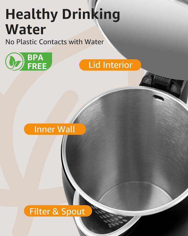 Aigostar Bouilloire Electrique Inox, Fenêtre de Niveau d'Eau, Noire | 1,7L, 2200W, Conception à Double Isolation, Sans BPA, Ébullition Rapide Bouilloire électrique, Pas de Plastique à L'intérieur — vignette 2