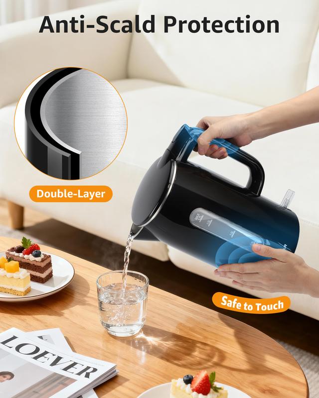 Aigostar Bouilloire Electrique Inox, Fenêtre de Niveau d'Eau, Noire | 1,7L, 2200W, Conception à Double Isolation, Sans BPA, Ébullition Rapide Bouilloire électrique, Pas de Plastique à L'intérieur — vignette 3