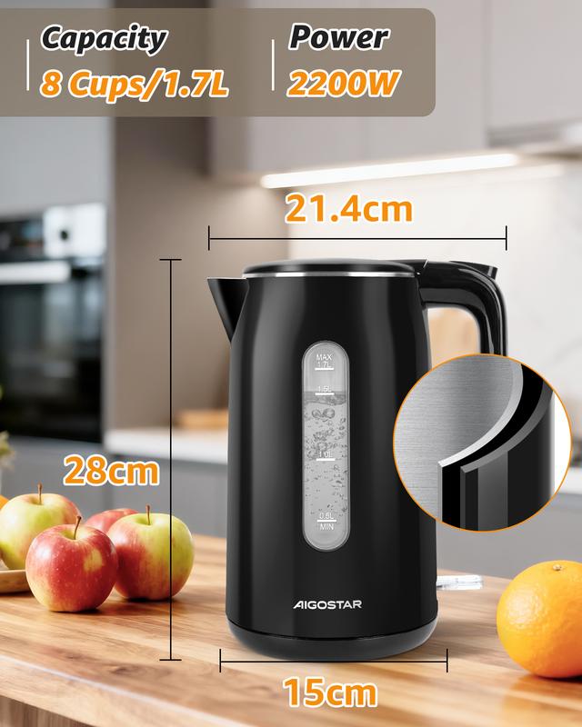 Aigostar Bouilloire Electrique Inox, Fenêtre de Niveau d'Eau, Noire | 1,7L, 2200W, Conception à Double Isolation, Sans BPA, Ébullition Rapide Bouilloire électrique, Pas de Plastique à L'intérieur — vignette 4
