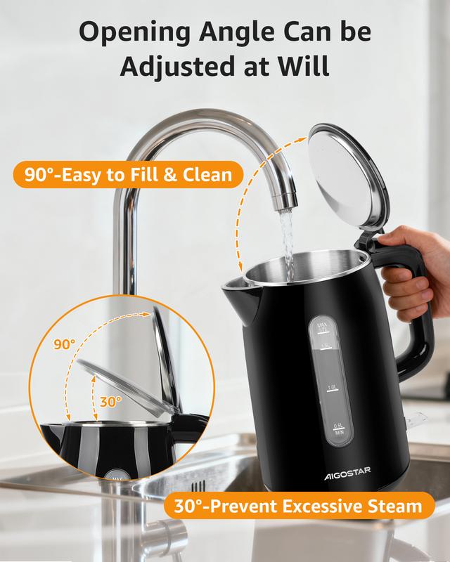 Aigostar Bouilloire Electrique Inox, Fenêtre de Niveau d'Eau, Noire | 1,7L, 2200W, Conception à Double Isolation, Sans BPA, Ébullition Rapide Bouilloire électrique, Pas de Plastique à L'intérieur — vignette 7