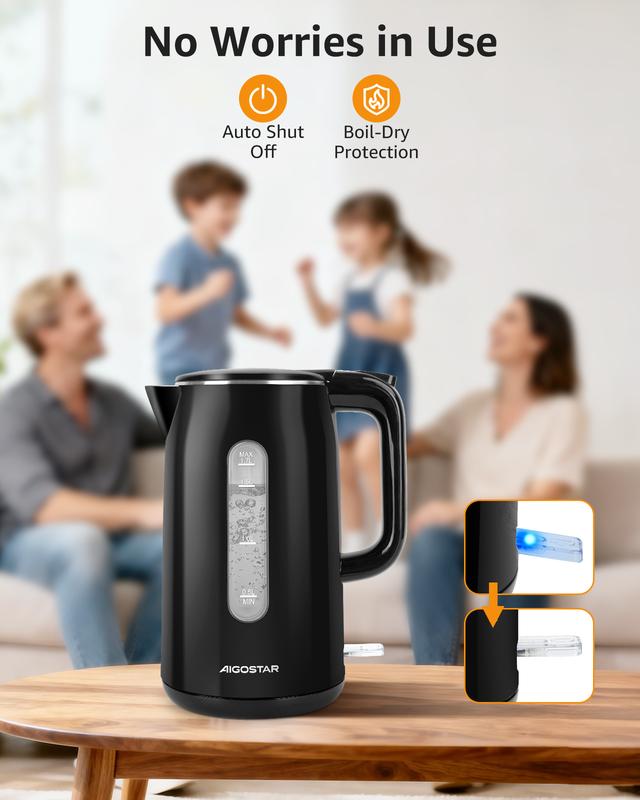Aigostar Bouilloire Electrique Inox, Fenêtre de Niveau d'Eau, Noire | 1,7L, 2200W, Conception à Double Isolation, Sans BPA, Ébullition Rapide Bouilloire électrique, Pas de Plastique à L'intérieur — vignette 8