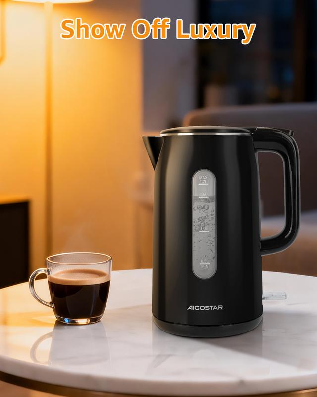 Aigostar Bouilloire Electrique Inox, Fenêtre de Niveau d'Eau, Noire | 1,7L, 2200W, Conception à Double Isolation, Sans BPA, Ébullition Rapide Bouilloire électrique, Pas de Plastique à L'intérieur — vignette 9