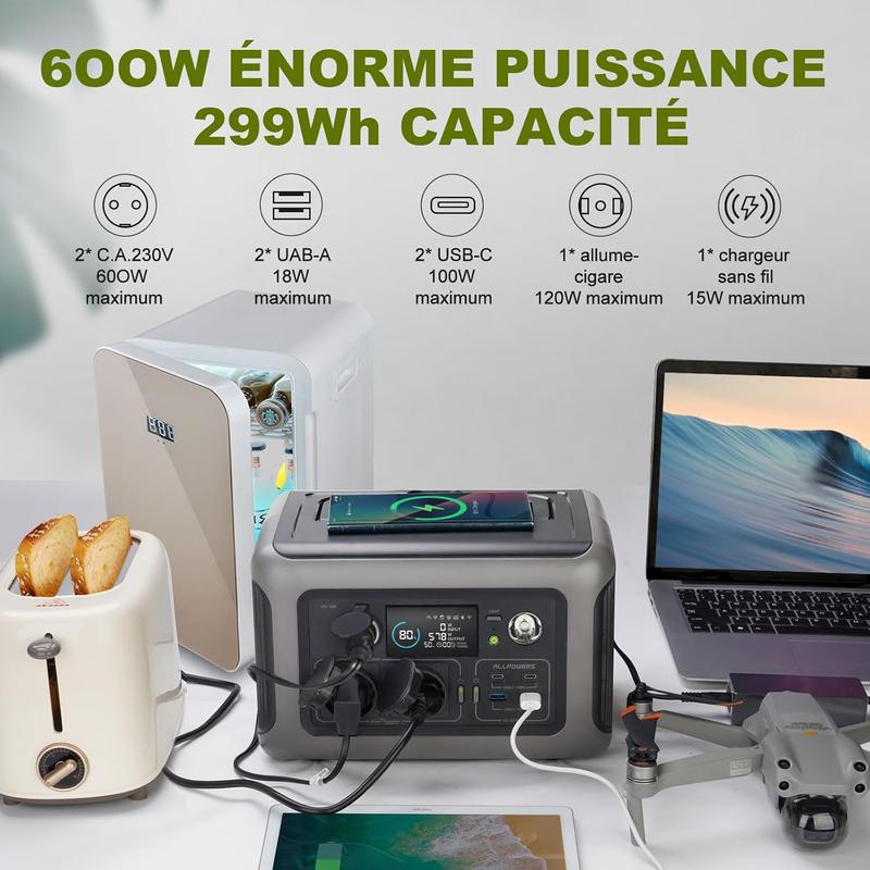 ALLPOWERS station d’énergie portable R600, 600 W, 299 Wh, batterie LiFePO4, alimentation de voyage adaptée au jardin, aux voyages, au camping et aux camping cars, alimentation de secours. — vignette 3