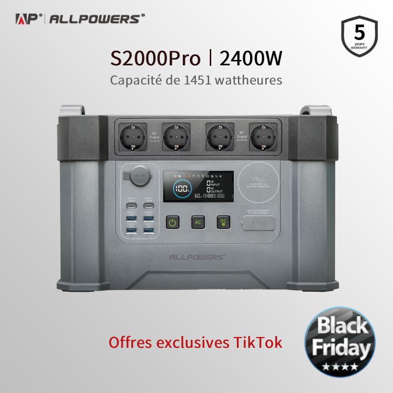 ALLPOWERS station d’énergie portable S2000 Pro, 2400 W, capacité de batterie de 1451 Wh, charge rapide en 1,5 heure, convient pour le camping en plein air, les situations d’urgence à domicile, la vie avec une voiture de camping et la vie hors réseau.