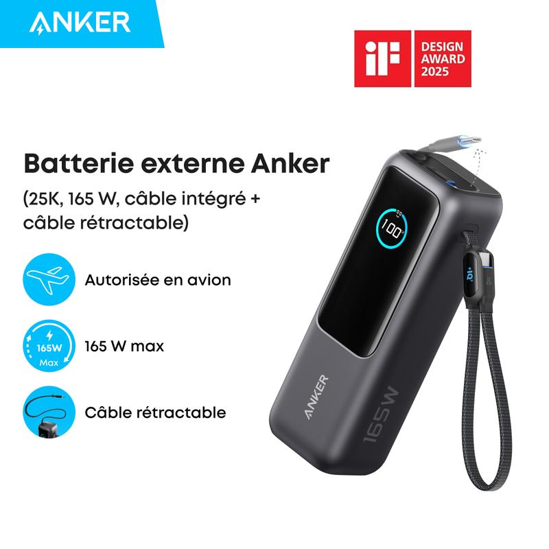 Anker Batterie Externe pour Ordinateurs Portables, Chargeur 25000mAh 3 Ports USB-C 100W pour Plusieurs Appareils, Câble Intégré+Câble Rétractable, pour iPhone17 Pro Max/16, MacBook, Samsung