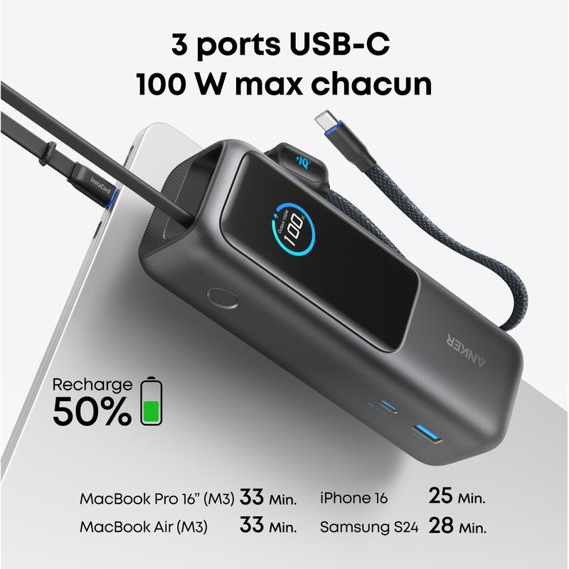 Anker Batterie Externe pour Ordinateurs Portables, Chargeur 25000mAh 3 Ports USB-C 100W pour Plusieurs Appareils, Câble Intégré+Câble Rétractable, pour iPhone17 Pro Max/16, MacBook, Samsung — vignette 3