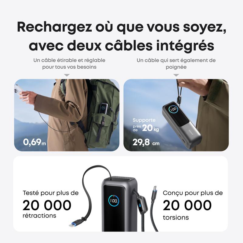 Anker Batterie Externe pour Ordinateurs Portables, Chargeur 25000mAh 3 Ports USB-C 100W pour Plusieurs Appareils, Câble Intégré+Câble Rétractable, pour iPhone17 Pro Max/16, MacBook, Samsung — vignette 4
