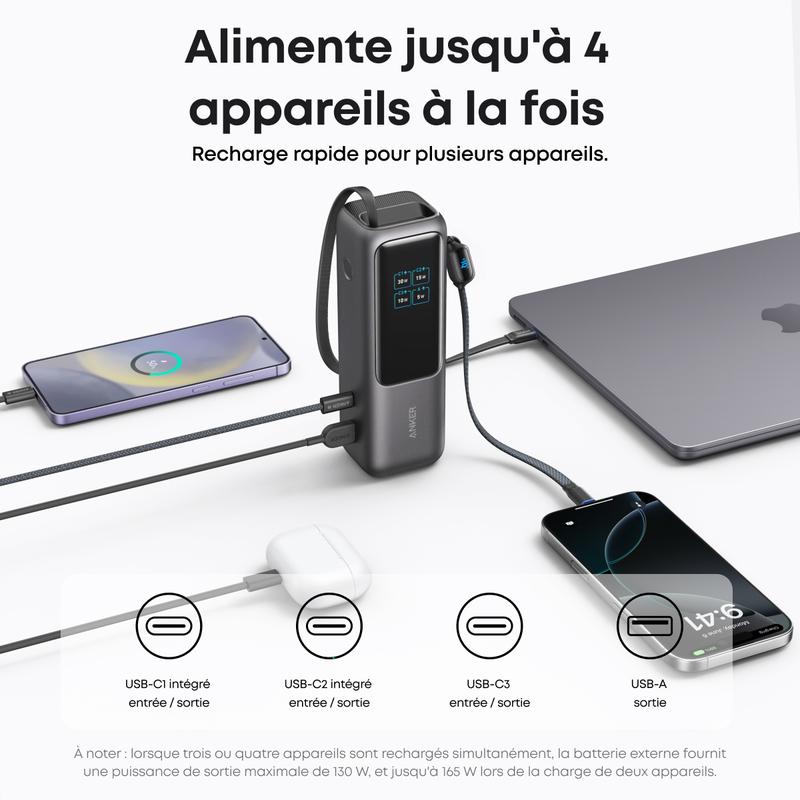 Anker Batterie Externe pour Ordinateurs Portables, Chargeur 25000mAh 3 Ports USB-C 100W pour Plusieurs Appareils, Câble Intégré+Câble Rétractable, pour iPhone17 Pro Max/16, MacBook, Samsung — vignette 6