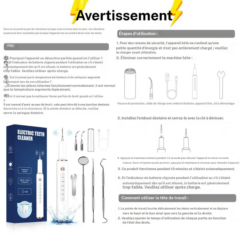 Appareil éliminateur de taches dentaires avec lumière, 5 modes réglables, têtes interchangeables, outil de nettoyage manuel, kit de soins dentaires pour la maison, modèles T4/T190, nettoyeur dentaire, kit de blanchiment des dents — vignette 3