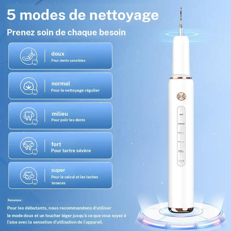Appareil éliminateur de taches dentaires avec lumière, 5 modes réglables, têtes interchangeables, outil de nettoyage manuel, kit de soins dentaires pour la maison, modèles T4/T190, nettoyeur dentaire, kit de blanchiment des dents — vignette 4