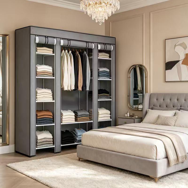 Armoire de rangement modulaire 147x43x175cm, armoire en tissu robuste avec 2 compartiments & étagères, montage sans outils, anti-poussière, gris