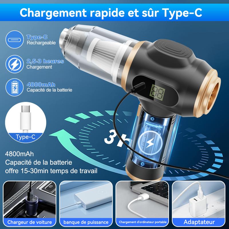 Aspirateur à main sans fil pour voiture, puissant, Portable 6 en 1, avec affichage intelligent et accessoires de nettoyage multiples, pour voiture, maison, bureau, animaux de compagnie — vignette 6