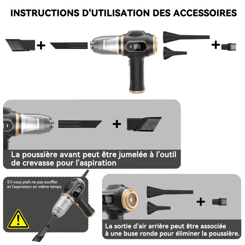 Aspirateur à main sans fil pour voiture, puissant, Portable 6 en 1, avec affichage intelligent et accessoires de nettoyage multiples, pour voiture, maison, bureau, animaux de compagnie — vignette 9