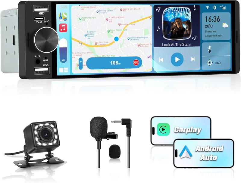 Autoradio 1 DIN avec Écran Tactile 6,36", Compatible CarPlay & Android Auto, Bluetooth, GPS, FM, Charge Type-C, 2 USB, Microphone, Égaliseur, Commandes au Volant