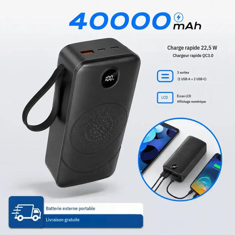 Batterie externe de 50 000 mAh & 40 000 mAh, charge rapide 22,5 W, 2 câbles de sortie, USB/USB‑C, affichage LED, sangle de transport, lampe, pour iPhone, Samsung, iPad, ordinateur portable, voyage, camping, situation d’urgence