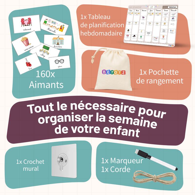 BETOTZ – Planning Hebdomadaire Magnétique Enfant | Tableau de Routine Inspiré Montessori | 160 Aimants d’Activités | Favorise l’Autonomie | Installation Murale Sans Perçage — vignette 3