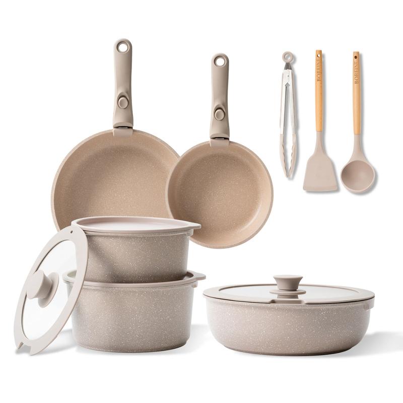 BOREINE Batterie de Cuisine 14 Pce, Lot Casseroles et Poêles, Set avec Poignée Amovible et Couvercle, Antiadhésive en Granit sans PFOA, Compatible Tous Feux Induction Vitrocéramique Gaz, Marron