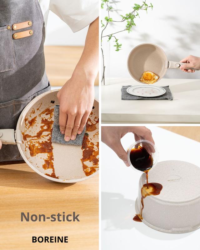 BOREINE Batterie de Cuisine 14 Pce, Lot Casseroles et Poêles, Set avec Poignée Amovible et Couvercle, Antiadhésive en Granit sans PFOA, Compatible Tous Feux Induction Vitrocéramique Gaz, Marron — vignette 3