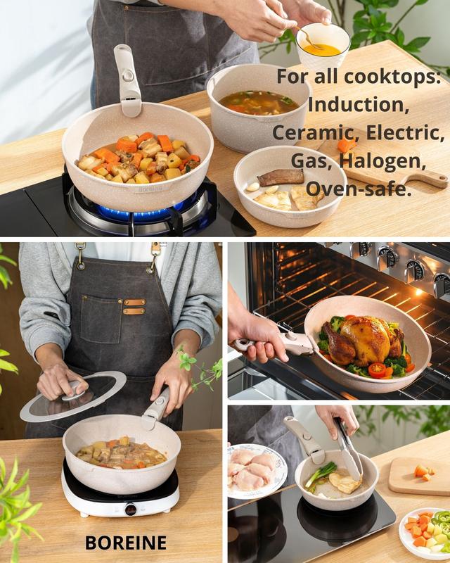 BOREINE Batterie de Cuisine 14 Pce, Lot Casseroles et Poêles, Set avec Poignée Amovible et Couvercle, Antiadhésive en Granit sans PFOA, Compatible Tous Feux Induction Vitrocéramique Gaz, Marron — vignette 4