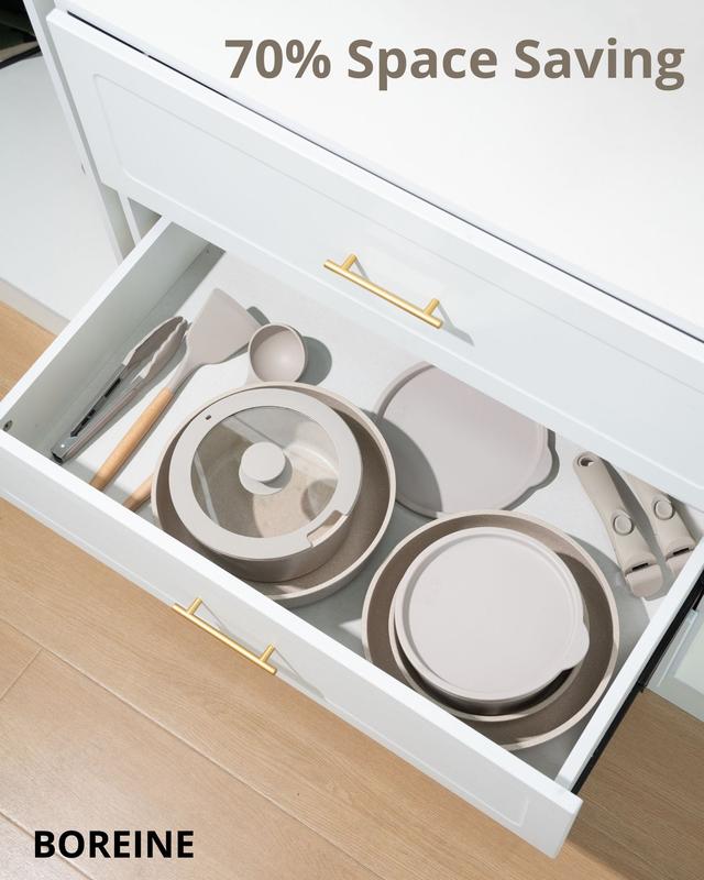 BOREINE Batterie de Cuisine 14 Pce, Lot Casseroles et Poêles, Set avec Poignée Amovible et Couvercle, Antiadhésive en Granit sans PFOA, Compatible Tous Feux Induction Vitrocéramique Gaz, Marron — vignette 5