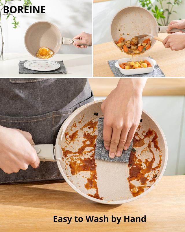 BOREINE Batterie de Cuisine 14 Pce, Lot Casseroles et Poêles, Set avec Poignée Amovible et Couvercle, Antiadhésive en Granit sans PFOA, Compatible Tous Feux Induction Vitrocéramique Gaz, Marron — vignette 6
