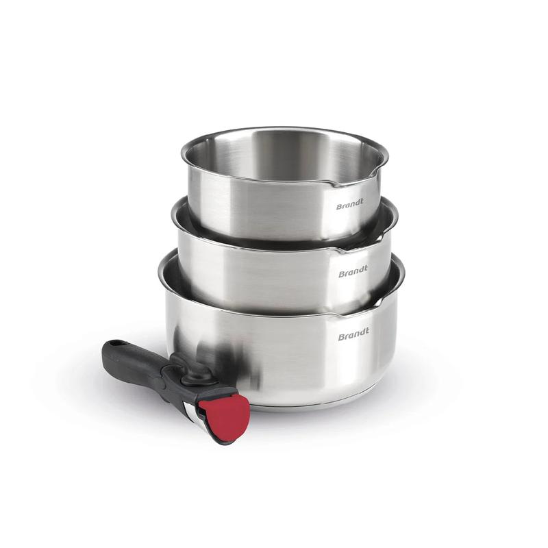 Brandt Set de 4 Pièces Empilables – 3 Casseroles Inox 18/8 à Bec Verseur 16/18/20cm + Poignée Amovible Offerte – Induction, Four & Lave-Vaisselle