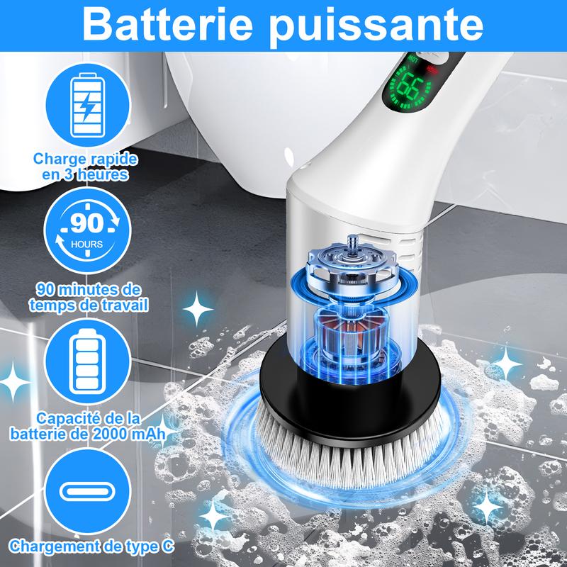Brosse de nettoyage électrique rechargeable avec têtes de rechange, outils de nettoyage de salle de bain, accessoires de cuisine, produits de nettoyage