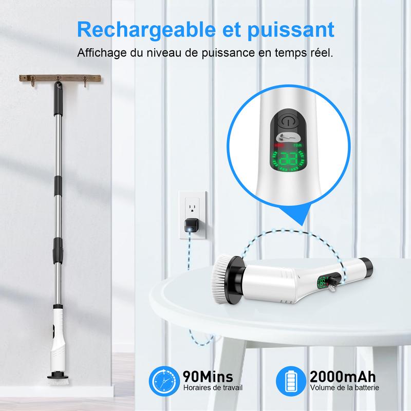 Brosse rotative électrique, brosse de douche rechargeable, brosse de nettoyage pour la salle de bain, la cuisine, le carrelage, les sols, articles de nettoyage ménagers — vignette 6