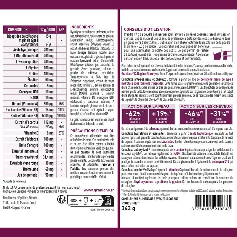 COLLAGENE+ ETERNITY – Goût framboise - Tripeptides de collagène Marin de type I - Acide Hyaluronique – NADH - Anti-âge peau & cheveux – Métabolisme - Poudre 343g — vignette 2