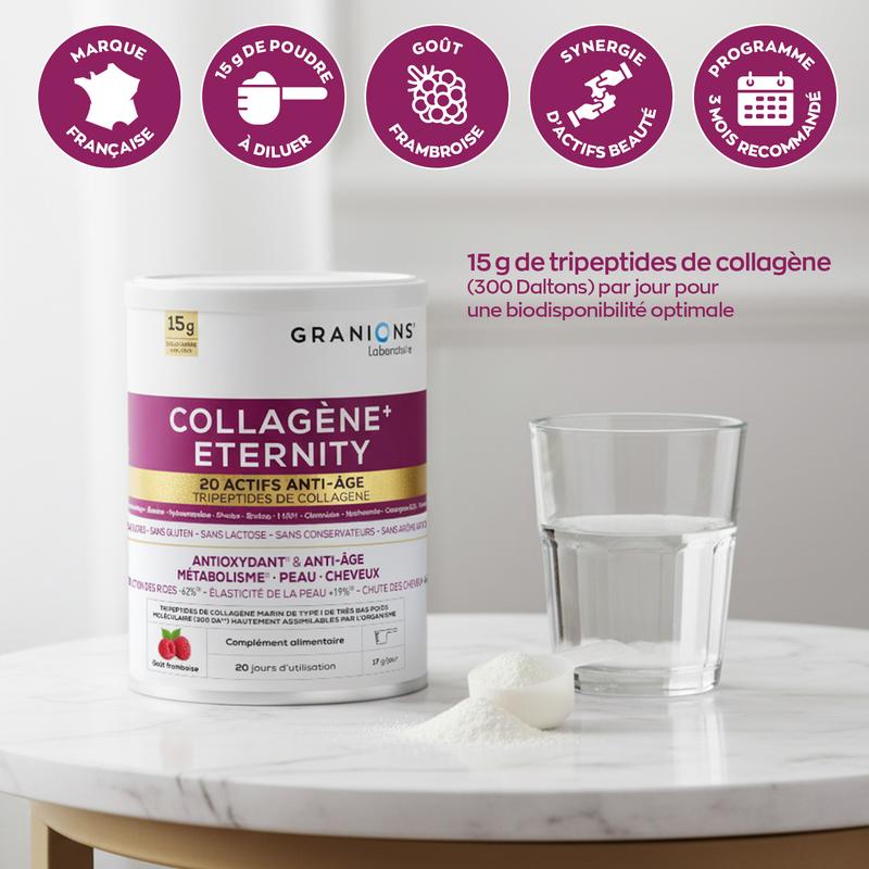 COLLAGENE+ ETERNITY – Goût framboise - Tripeptides de collagène Marin de type I - Acide Hyaluronique – NADH - Anti-âge peau & cheveux – Métabolisme - Poudre 343g — vignette 3