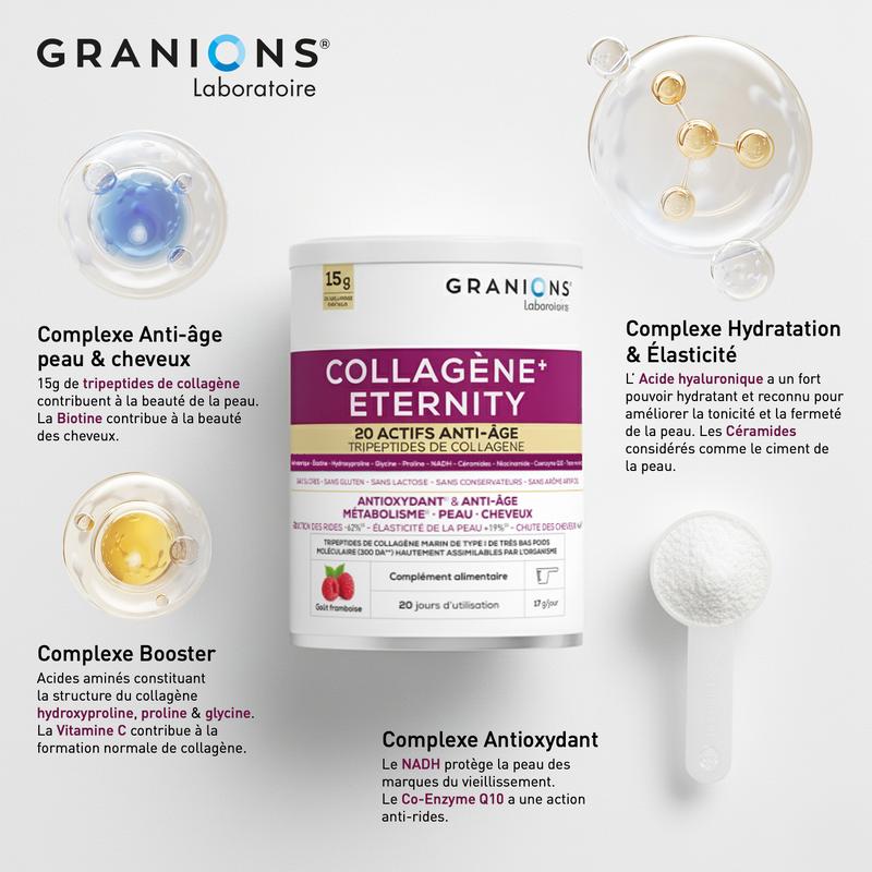 COLLAGENE+ ETERNITY – Goût framboise - Tripeptides de collagène Marin de type I - Acide Hyaluronique – NADH - Anti-âge peau & cheveux – Métabolisme - Poudre 343g — vignette 5