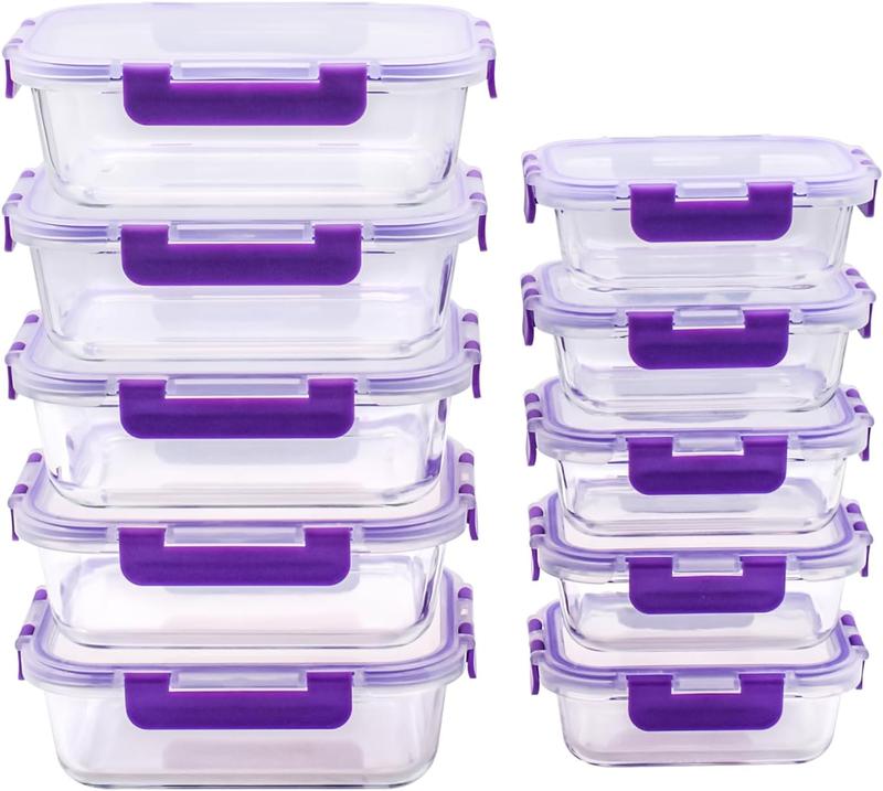 Conteneurs en verre pour aliments - 20 pièces - 10 récipients et 10 couvercles - Va au lave-vaisselle - Fermeture hermétique - Capacité 1040 ml et 370 ml - Idéaux pour conserver et emporter les aliments