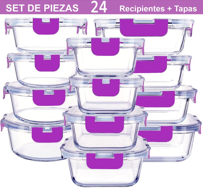 Conteneurs en verre pour aliments - Lot de 12 conteneurs hermétiques avec couvercles transparents - Adaptés au lave-vaisselle et au micro-ondes, sans BPA
