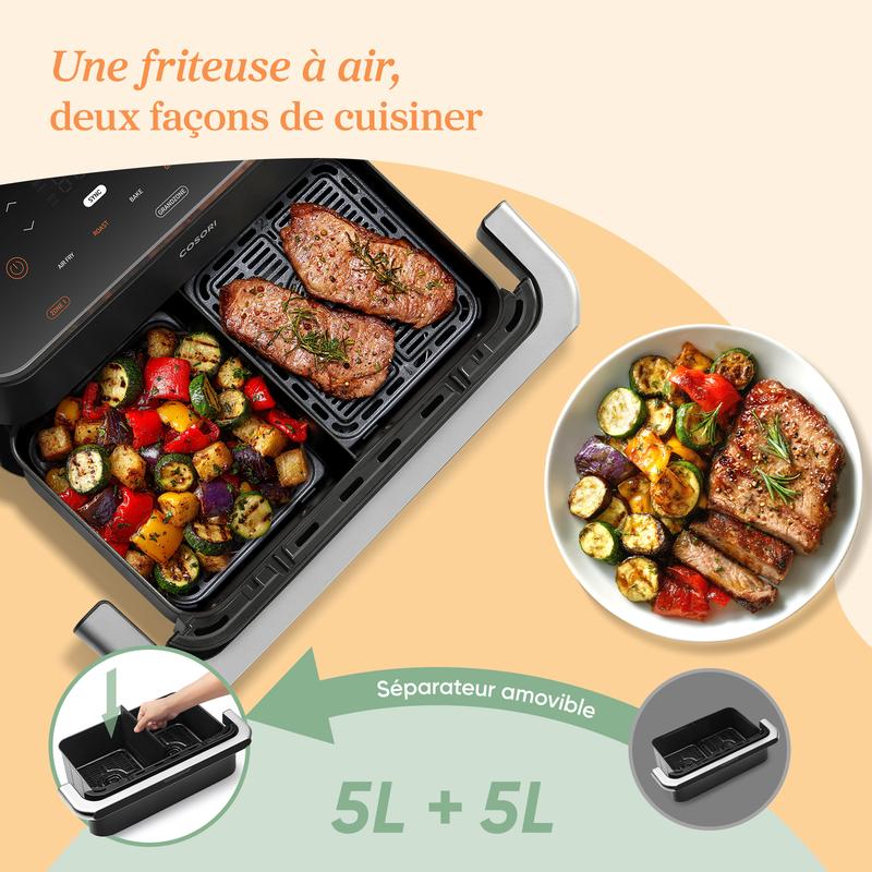 COSORI Air Fryer 10L Twinfry, Friteuse sans Huile Double Résistance, Airfryer à Dual Zone Avec Séparateur Amovible, 5-en-1, Grande Capacité, Cuisson optimale, 40℃-240℃, Contrôle Smart via App — vignette 2