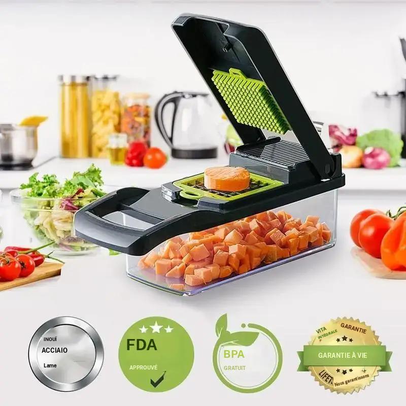 coupe-légumes 12 en 1 multifonction avec 5 lames (fine, julienne, cubes, râpe, dés), convient pour pommes de terre, carottes, oignons – matériau sans BPA, facile à nettoyer, avec récipient de conservation — vignette 2