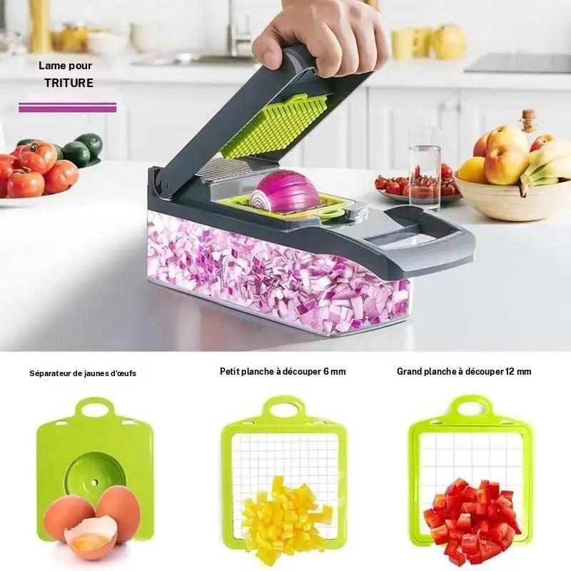 coupe-légumes 12 en 1 multifonction avec 5 lames (fine, julienne, cubes, râpe, dés), convient pour pommes de terre, carottes, oignons – matériau sans BPA, facile à nettoyer, avec récipient de conservation — vignette 3