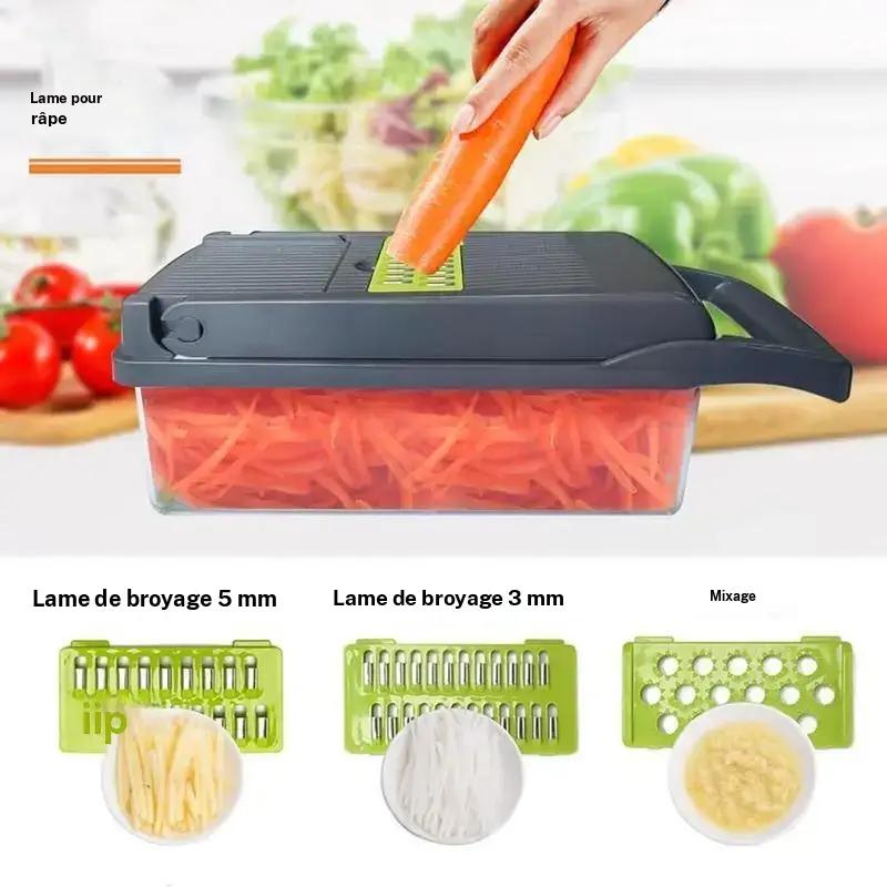 coupe-légumes 12 en 1 multifonction avec 5 lames (fine, julienne, cubes, râpe, dés), convient pour pommes de terre, carottes, oignons – matériau sans BPA, facile à nettoyer, avec récipient de conservation — vignette 4