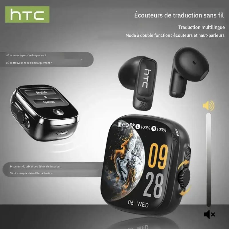 Écouteurs HTC NE72 KI pour traduction avec étui doté d’écran tactile, pas d’application requise, traduction en temps réel, écouteurs Bluetooth sans fil