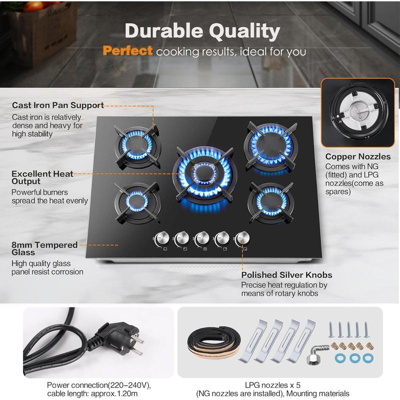 Cuisinière à gaz pour vitres, 5 brûleurs, profil Linea, puissance de 10 400 W, sécurité automatique de flamme, compatible avec le gaz naturel et le LPG, cuisinière intégrée ou sur pied, 70 cm GH7051GB5C2E — vignette 5
