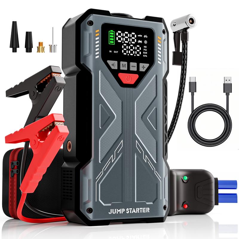 Démarreur de voiture 5 en 1 16 800 mAh / 6 000 A avec compresseur d’air 150 PSI et chargeur de batterie 12 V pour moteurs essence jusqu’à 10,0 L et diesel jusqu’à 8,0 L ; ensemble complet d’accessoires pour véhicule automobile